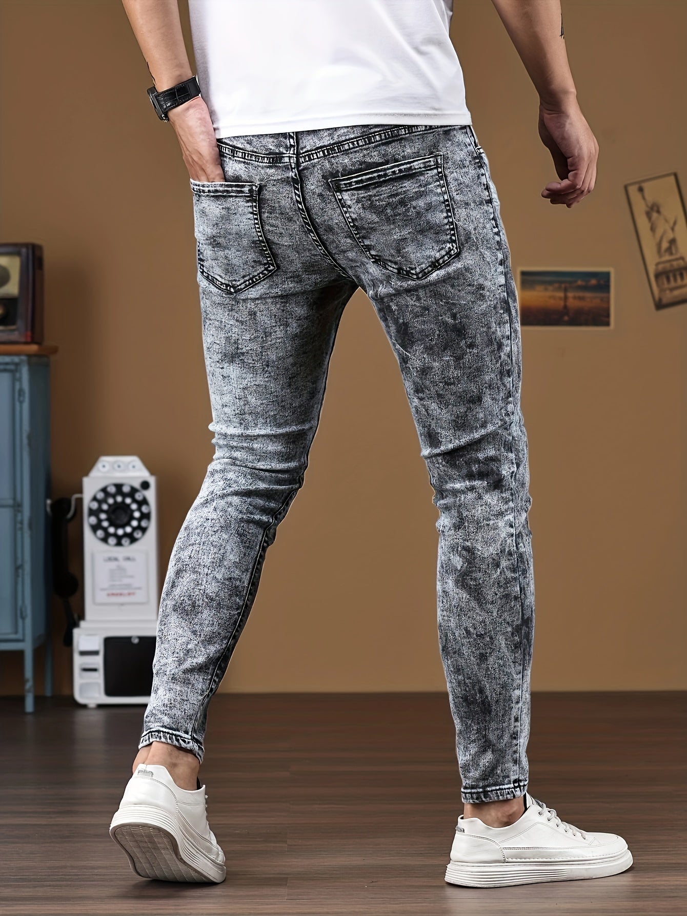 Men's Chic Skinny Jeans, Men's Casual Street Style Distressed Stretch Denim Pants