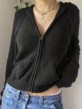 vlovelaw  Zip Up Hooded Knit Cardigan, Casual Drawstring Long Sleeve Sweater, Women's Clothing