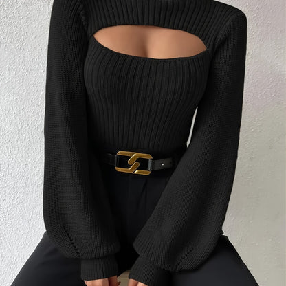 vlovelaw Solid Turtleneck Cut Out Pullover Sweater, Casual Long Sleeve Sweater For Spring & Fall, Women's Clothing