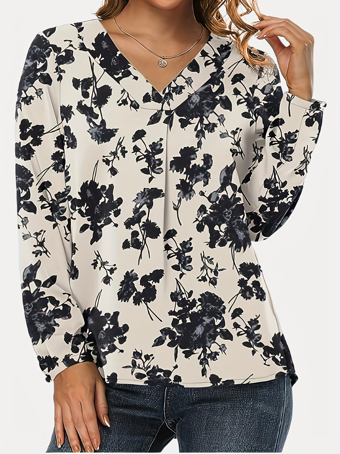 vlovelaw Floral Print V Neck Blouse, Casual Long Sleeve Blouse, Women's Clothing