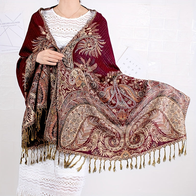 Ultra-Soft Bohemian Paisley Shawl Scarf - Premium Jacquard Weave with Fashionable Tassels - Windproof Wrap for Women