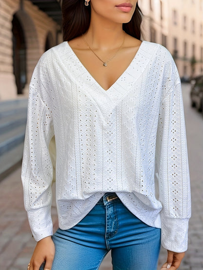 Eyelet Solid Blouse, Casual V Neck Long Sleeve Blouse, Women's Clothing