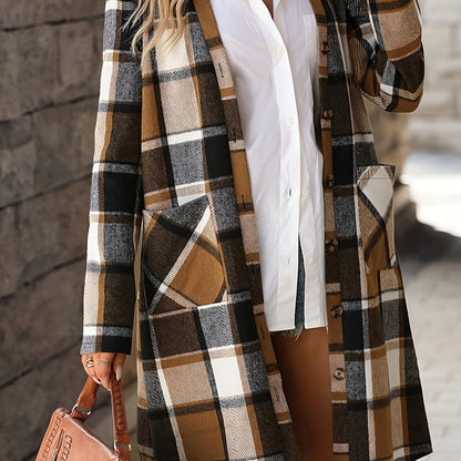 Plaid Pattern Mid Length Trench Coat, Elegant Button Front Long Sleeve Outerwear, Women's Clothing