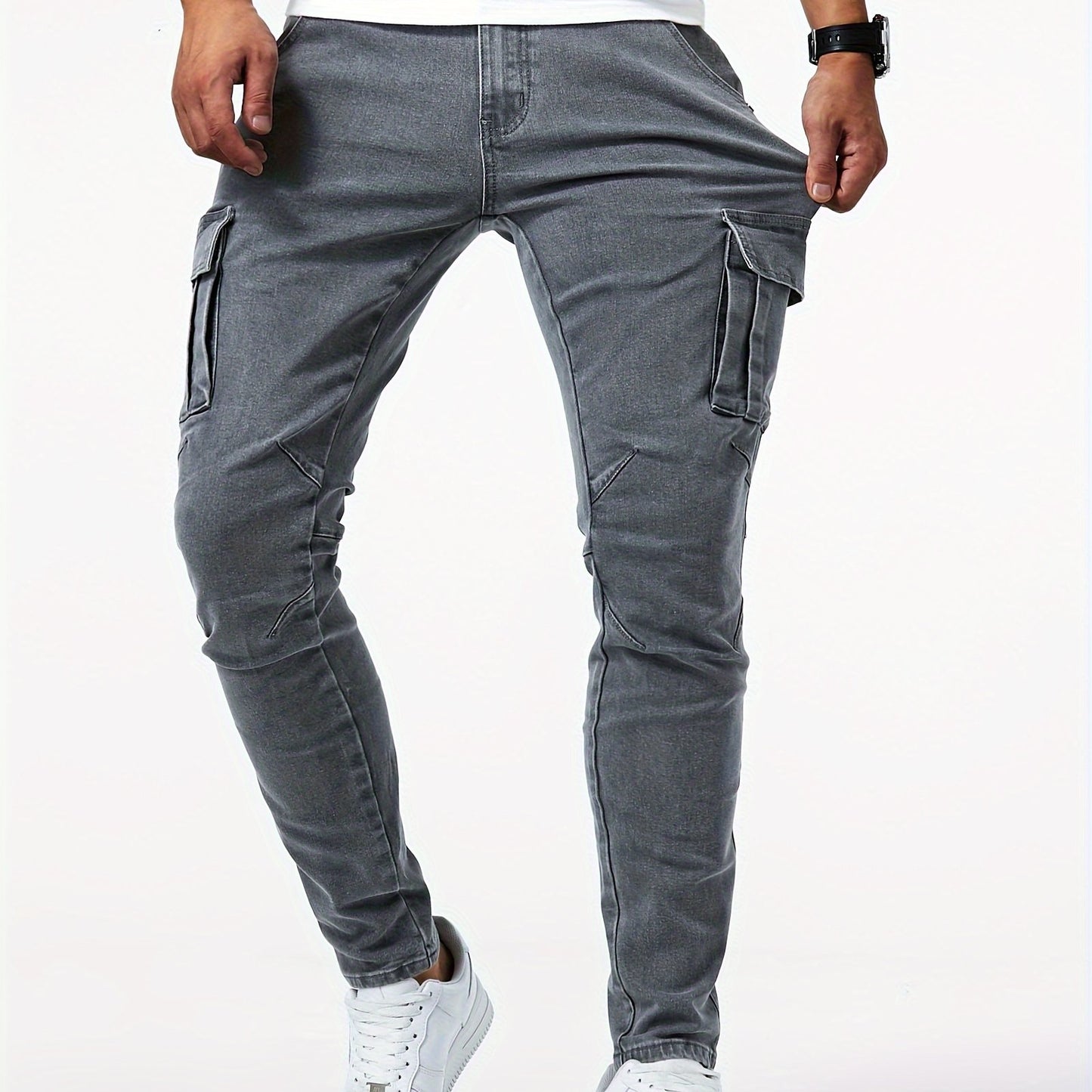 vlovelawSlim Fit Multi Pocket Jeans, Men's Casual Street Style High Stretch Denim Cargo Pants