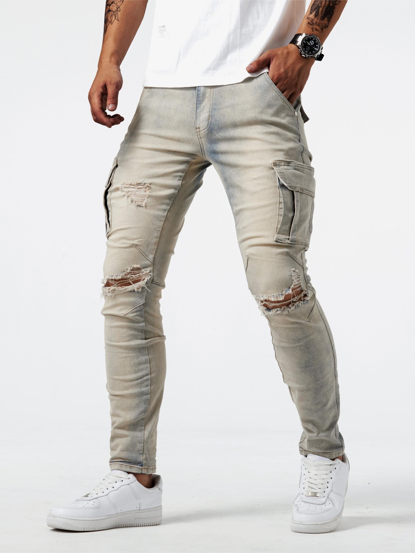 vlovelawSlim Fit Multi Pocket Jeans, Men's Casual Street Style High Stretch Denim Cargo Pants