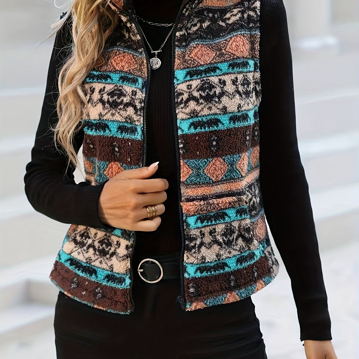 vlovelaw  Allover Print Zip Up Vest Jacket, Casual Sleeveless Plush Jacket For Spring & Fall, Women's Clothing