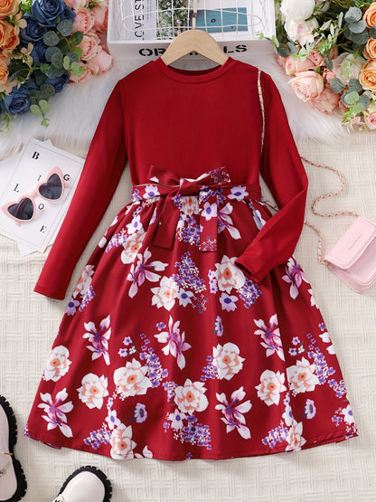 vlovelaw  Girls Long Sleeves Round Neck Flowers Splicing Belted Dress For Party Kids Spring Clothes