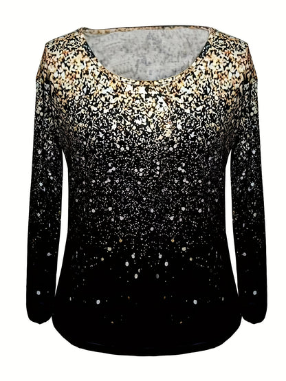 vlovelaw Sequins Print Crew Neck T-Shirt, Casual Long Sleeve Top For Spring & Fall, Women's Clothing