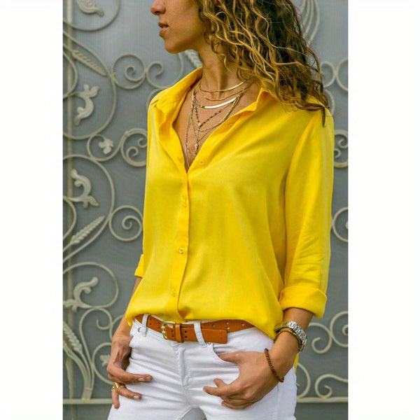 Versatile Solid Button Front Shirt, Casual Long Sleeve Shirt For Spring & Fall, Women's Clothing