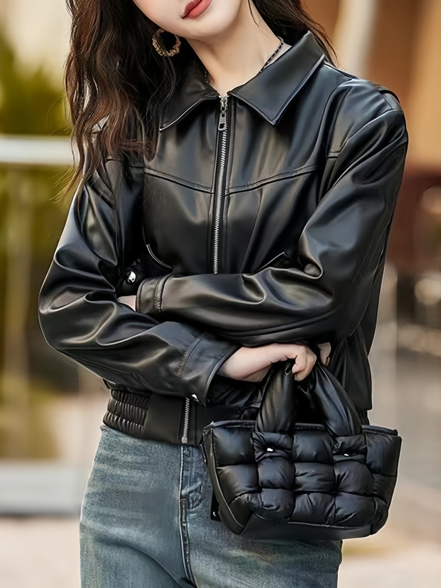 vlovelaw  PU Leather Zip Up Jacket, Casual Long Sleeve Pocket Solid Jacket, Women's Clothing