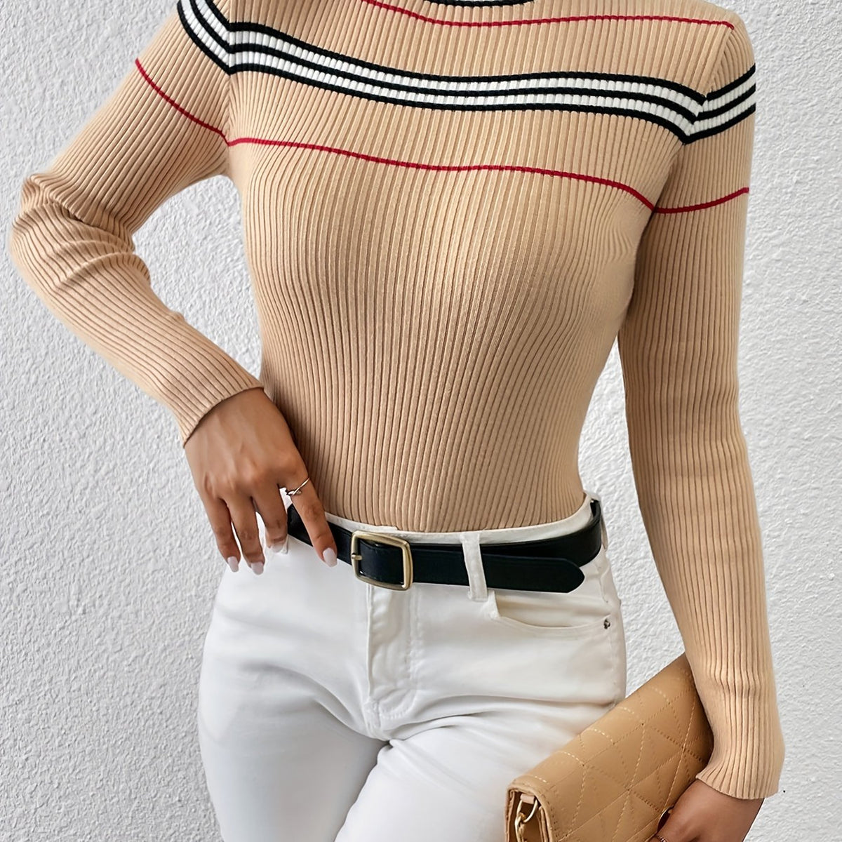 vlovelaw Striped Turtle Neck Pullover Sweater, Casual Long Sleeve Slim Sweater For Fall & Winter, Women's Clothing