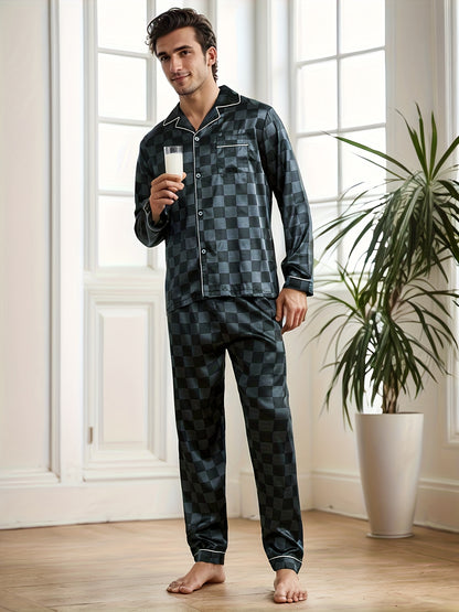 2 Pcs Men's Silky Trendy Plaid Print Open Front Long-sleeves & Long Pants Pajama Sets, Comfortable & Skin-friendly Style Pajamas For Men's Cozy Loungewear