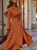 vlovelaw  Plus Size Elegant Dress, Women's Plus Polka Dot Print Long Sleeve Lapel Collar Nipped Waist Dress