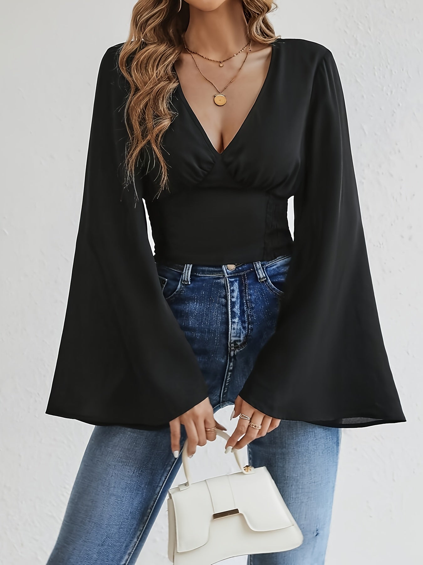 Solid V Neck Blouse, Casual Long Flare Sleeve Blouse For Spring & Fall, Women's Clothing