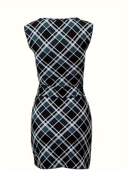 vlovelaw  Plaid Print Two-piece Set, Y2K Sleeveless Split Top & High Waist Mini Skirt Outfits, Women's Clothing