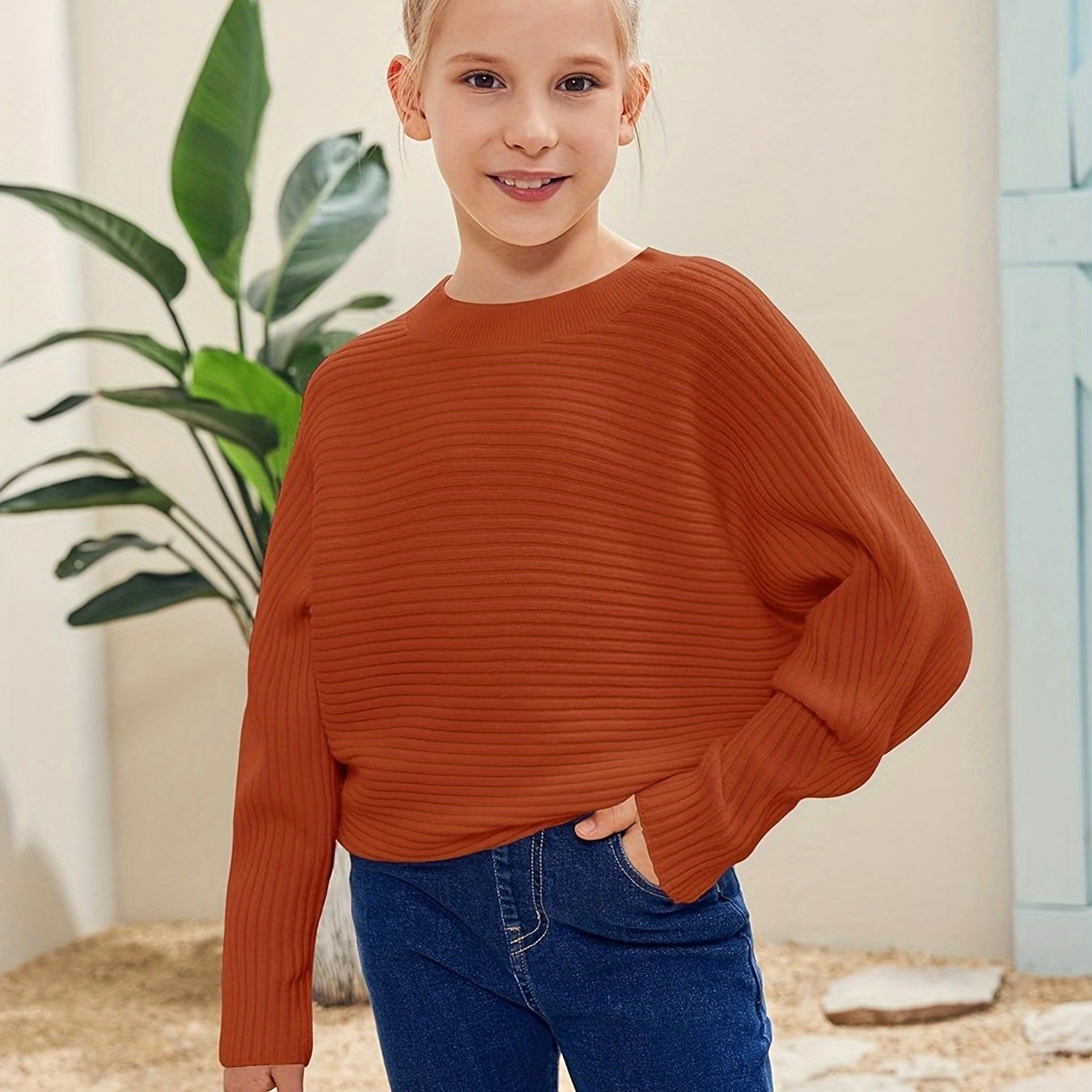 Kids' Cozy Oversized Batwing Crewneck Sweater - Soft, Chunky, Slouchy, Long Sleeve, Fall Fashion Essential for Girls - Cute Pullover Jumper Shirt for Casual Daily Wear