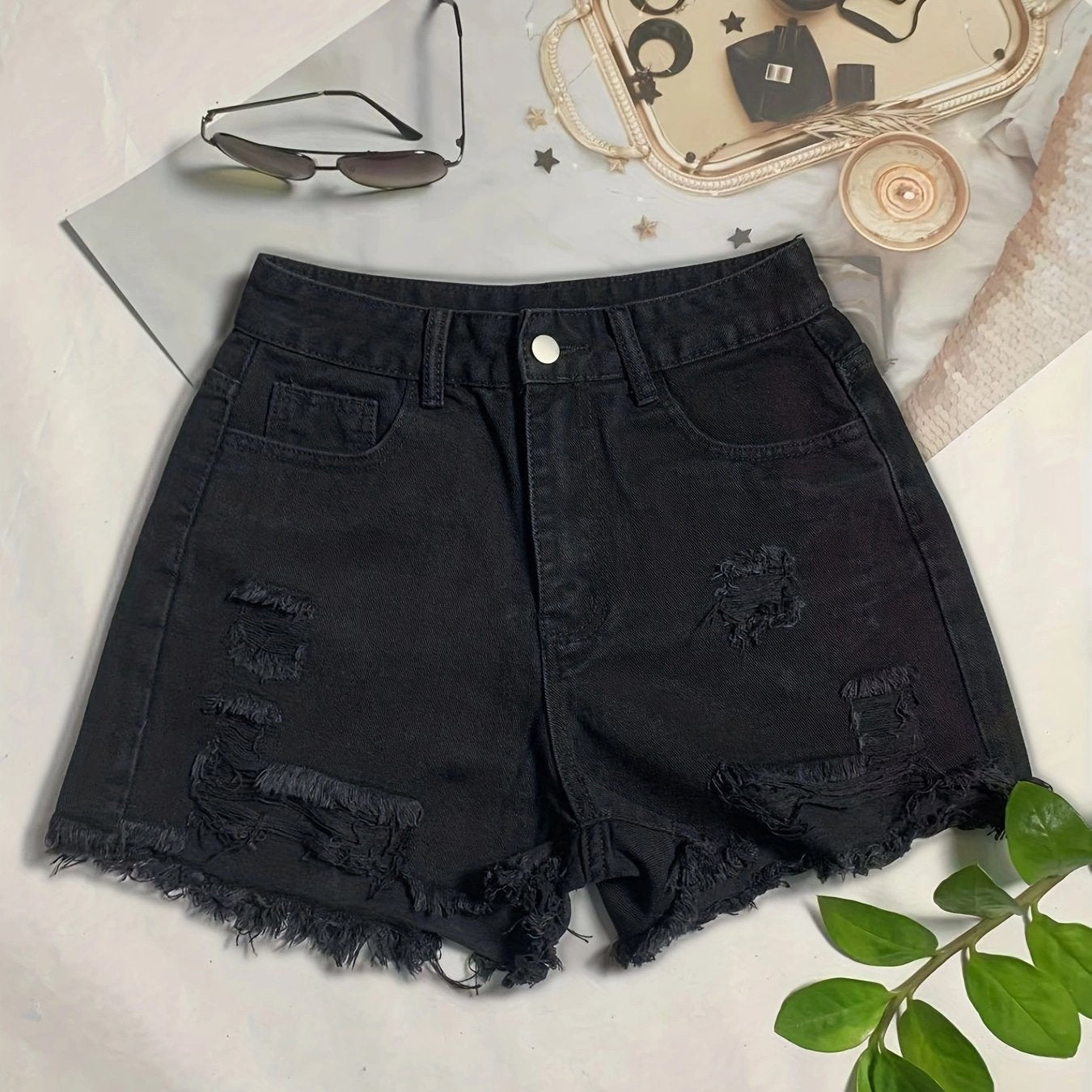 Black Raw Hem Denim Shorts, Distressed Slash Pockets Ripped Non-Stretch Short Denim Pants, Women's Denim Jeans & Clothing