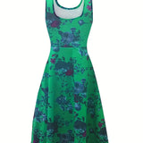 vlovelaw  Plus Size Elegant Dress, Women's Plus Floral Print Round Neck Medium Stretch Tank Dress