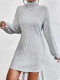 vlovelaw  Solid Color Long Sleeve Ribbed Dress, Casual Turtle Neck Dress For Spring & Fall, Women's Clothing