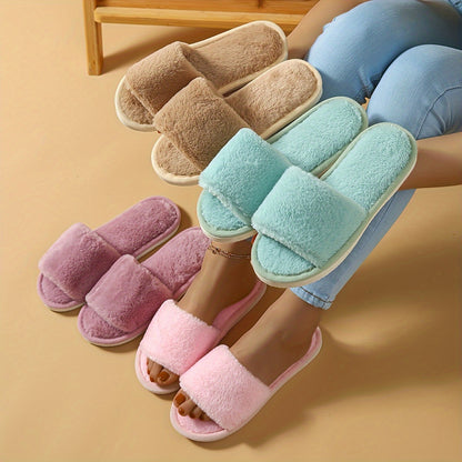 Winter Plush Open Toe Slippers, Solid Color Cozy & Warm Slip On Shoes, Comfy Indoor Floor Slippers