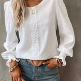 Contrast Lace Solid Blouse, Elegant Crew Neck Lantern Sleeve Blouse, Women's Clothing