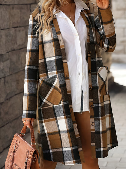 Plaid Pattern Mid Length Trench Coat, Elegant Button Front Long Sleeve Outerwear, Women's Clothing