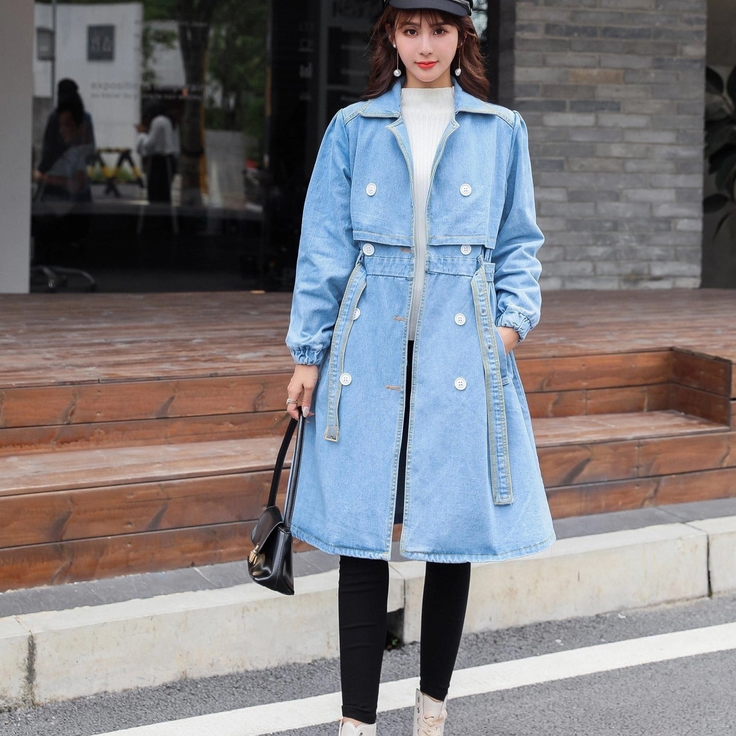 vlovelaw  Blue Loose Fit Long Denim Jackets, Long Sleeves Non-Stretch With Waistband Lapel Denim Coats, Women's Denim Clothing