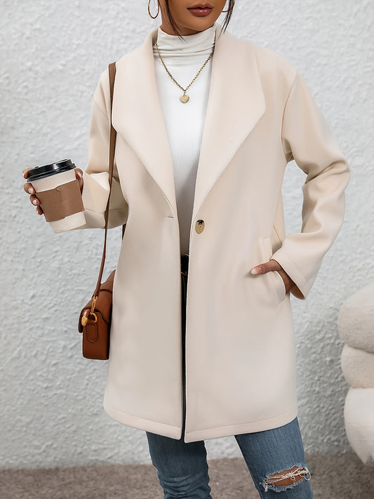 Solid One Button Overcoat, Casual Long Sleeve Outerwear With Pockets, Women's Clothing