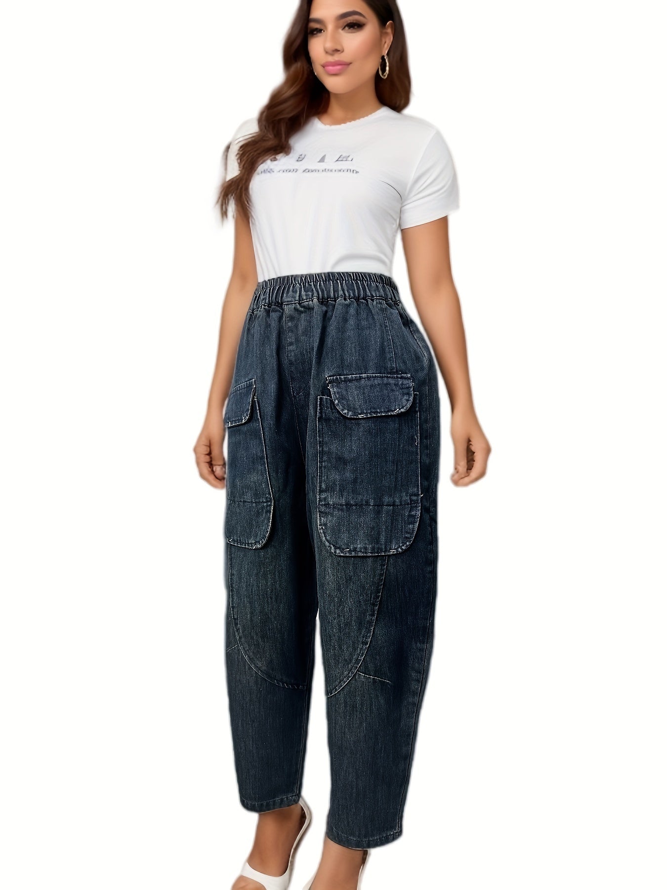 vlovelaw  Elastic Waist Versatile Straight Jeans, Loose Fit Flap Pockets Washed Denim Pants, Women's Denim Jeans & Clothing