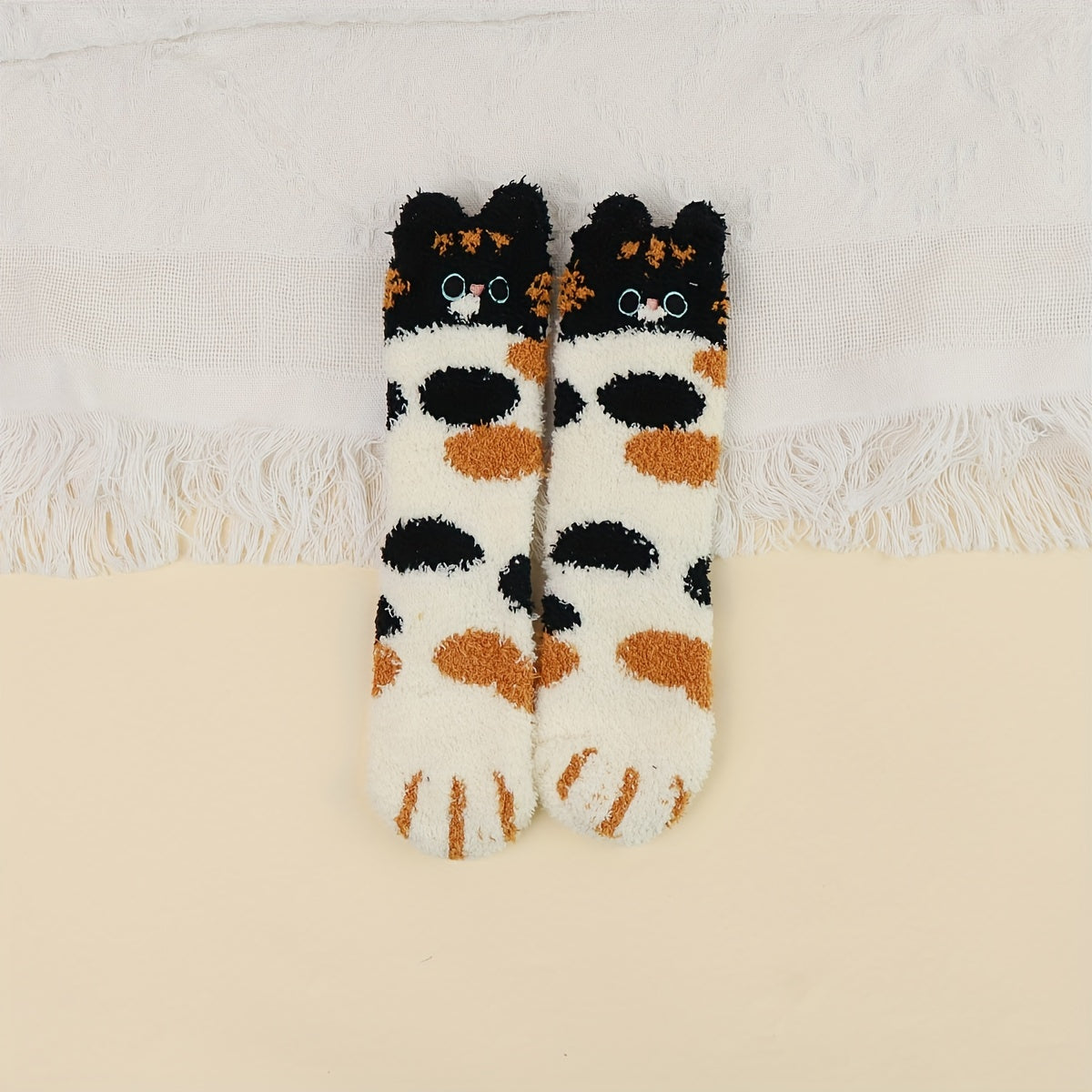 A Pair Of Girl's Cat Paw Pattern Embroidered Crew Socks, Comfy Breathable Casual Fleece Thermal Socks, Winter & Autumn