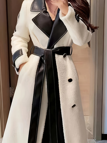 vlovelaw  Color Block Lapel Collar Belted Coat, Elegant Long Sleeve Plush Warm Outerwear, Women's Clothing