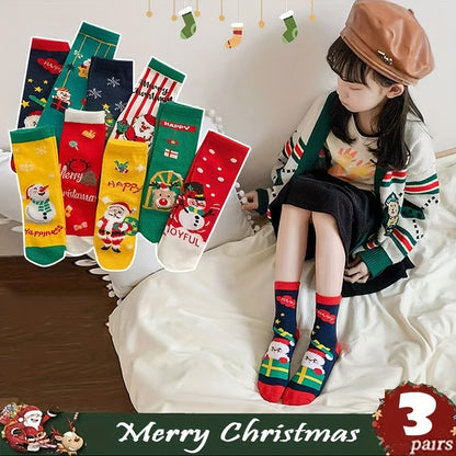 3pairs Baby Girls Kids Christmas Socks, Cartoon Santa Claus Christmas Tree Elk Snowman Cute Socks, Warm Socks For Autumn Winter, Toddlers Children's Socks