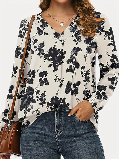 vlovelaw Floral Print V Neck Blouse, Casual Long Sleeve Blouse, Women's Clothing