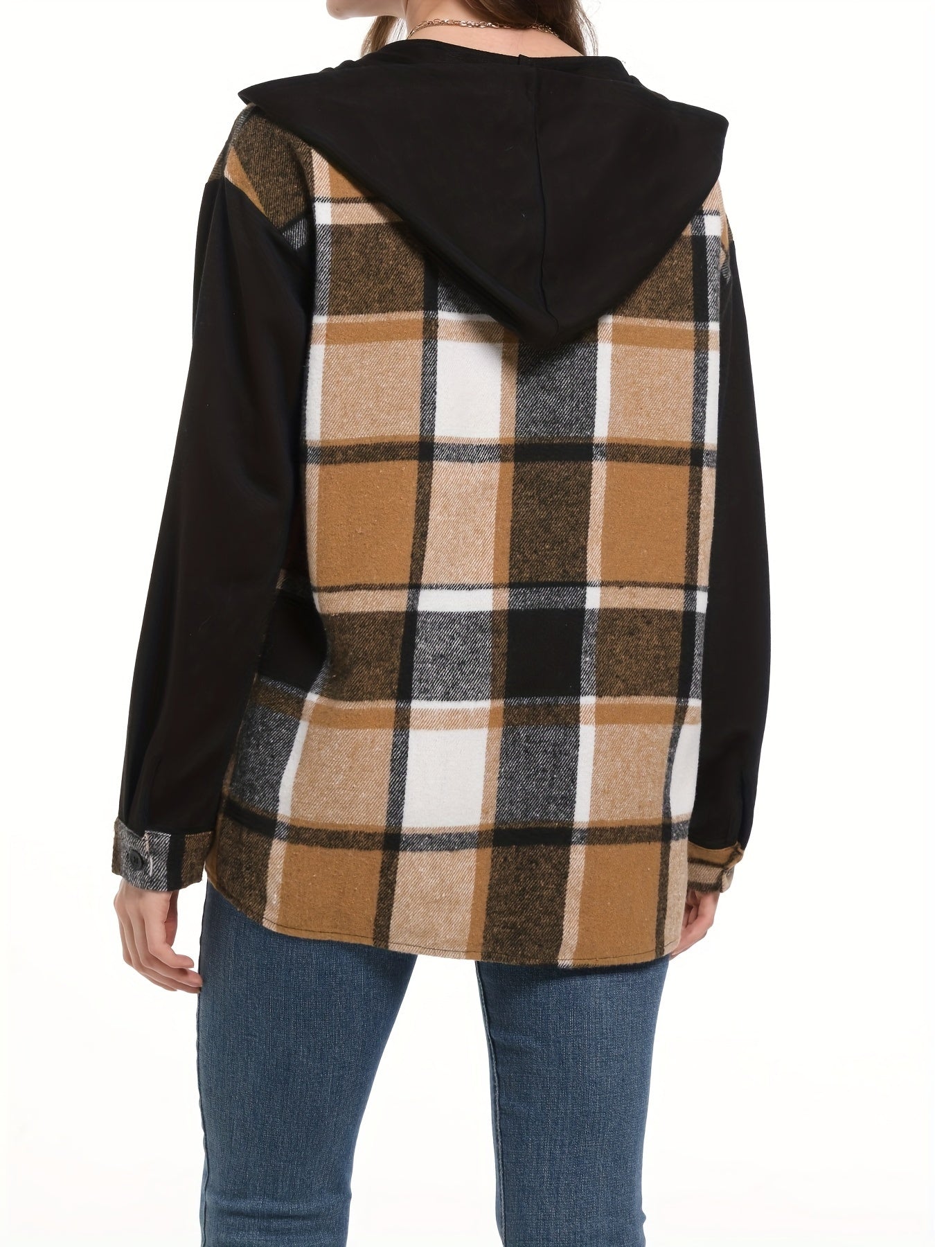 vlovelaw Plaid Print Hooded Jacket, Casual Button Front Long Sleeve Outerwear, Women's Clothing