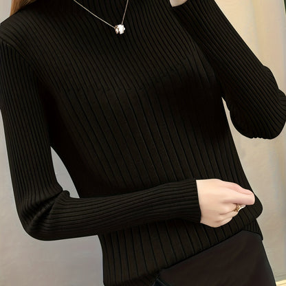 vlovelaw Solid Mock Neck Pullover Sweater, Casual Long Sleeve Slim Sweater, Women's Clothing