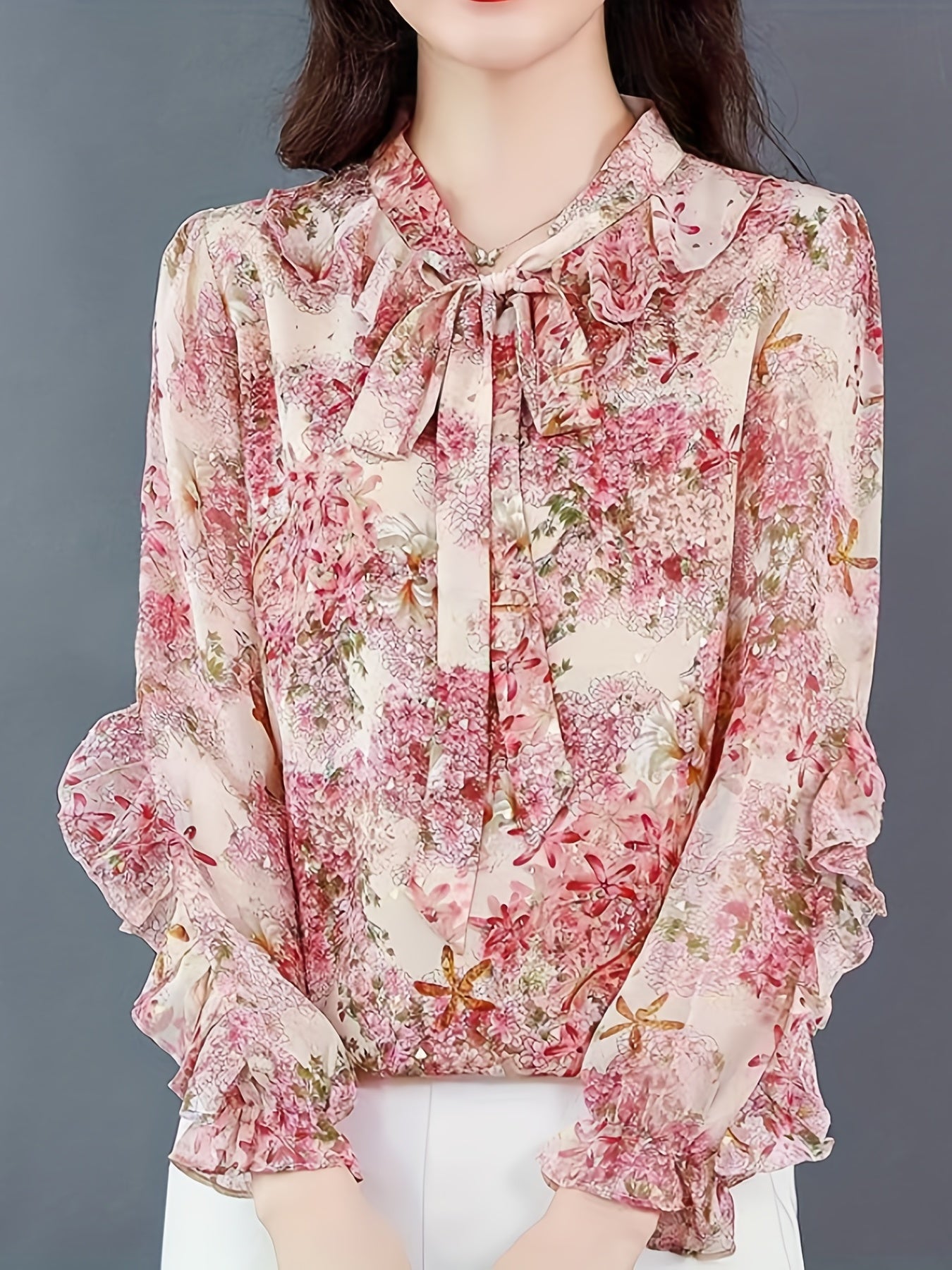 vlovelaw  Floral Print Ruffle Trim Blouse, Elegant Tie Neck Long Sleeve Blouse For Spring & Fall, Women's Clothing