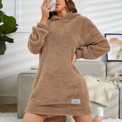 vlovelaw Hooded Teddy Dress, Casual Long Sleeve Simple Warm Dress, Women's Clothing