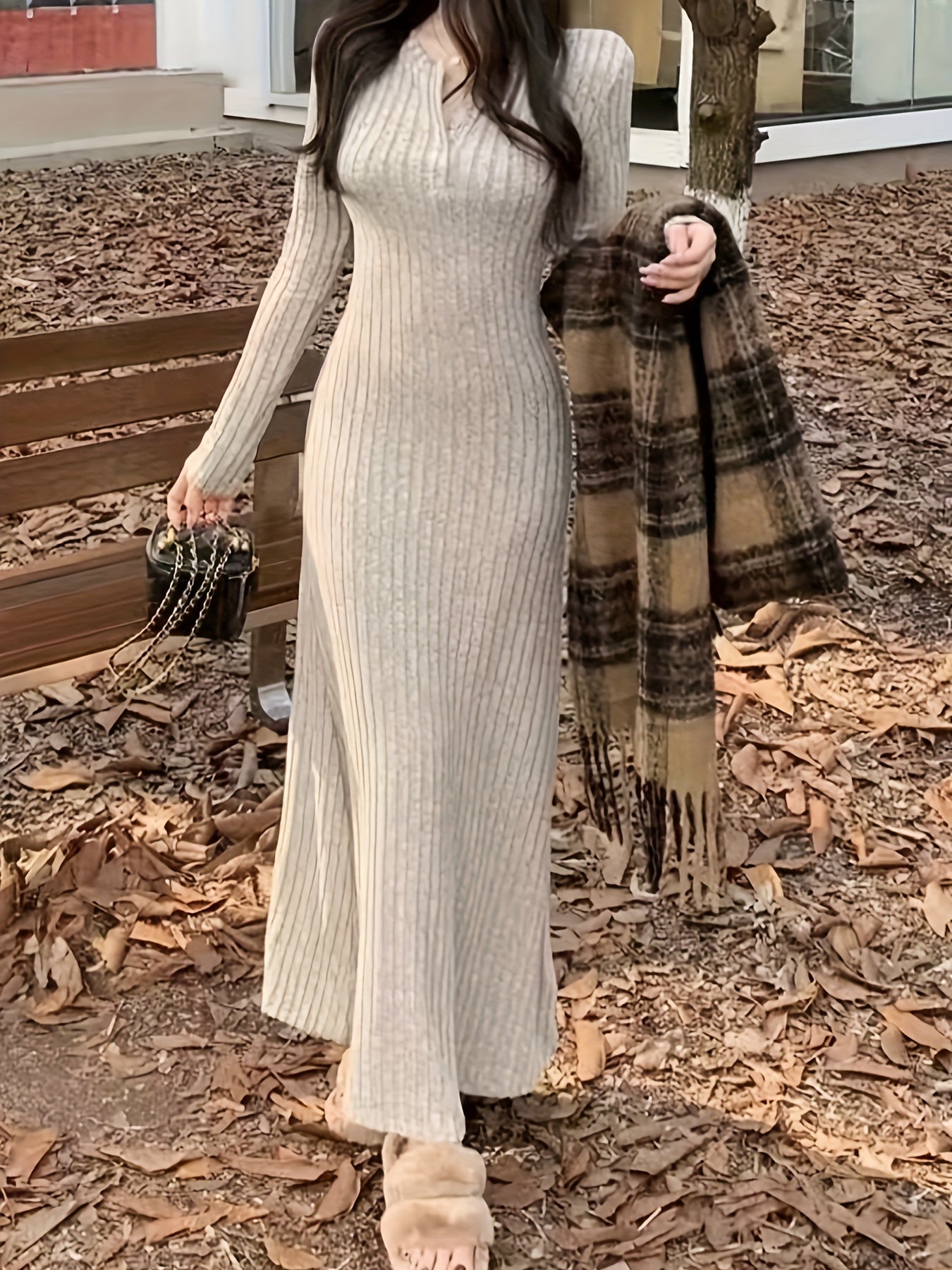 vlovelaw Ribbed V Neck Dress, Casual Long Sleeve Dress For Fall & Winter, Women's Clothing