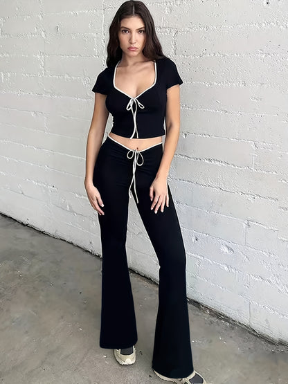 vlovelaw  Tie Front Contrast Trim Casual Two-piece Set, Short Sleeve Crop Top & Flared Leg Pants Outfits, Women's Clothing