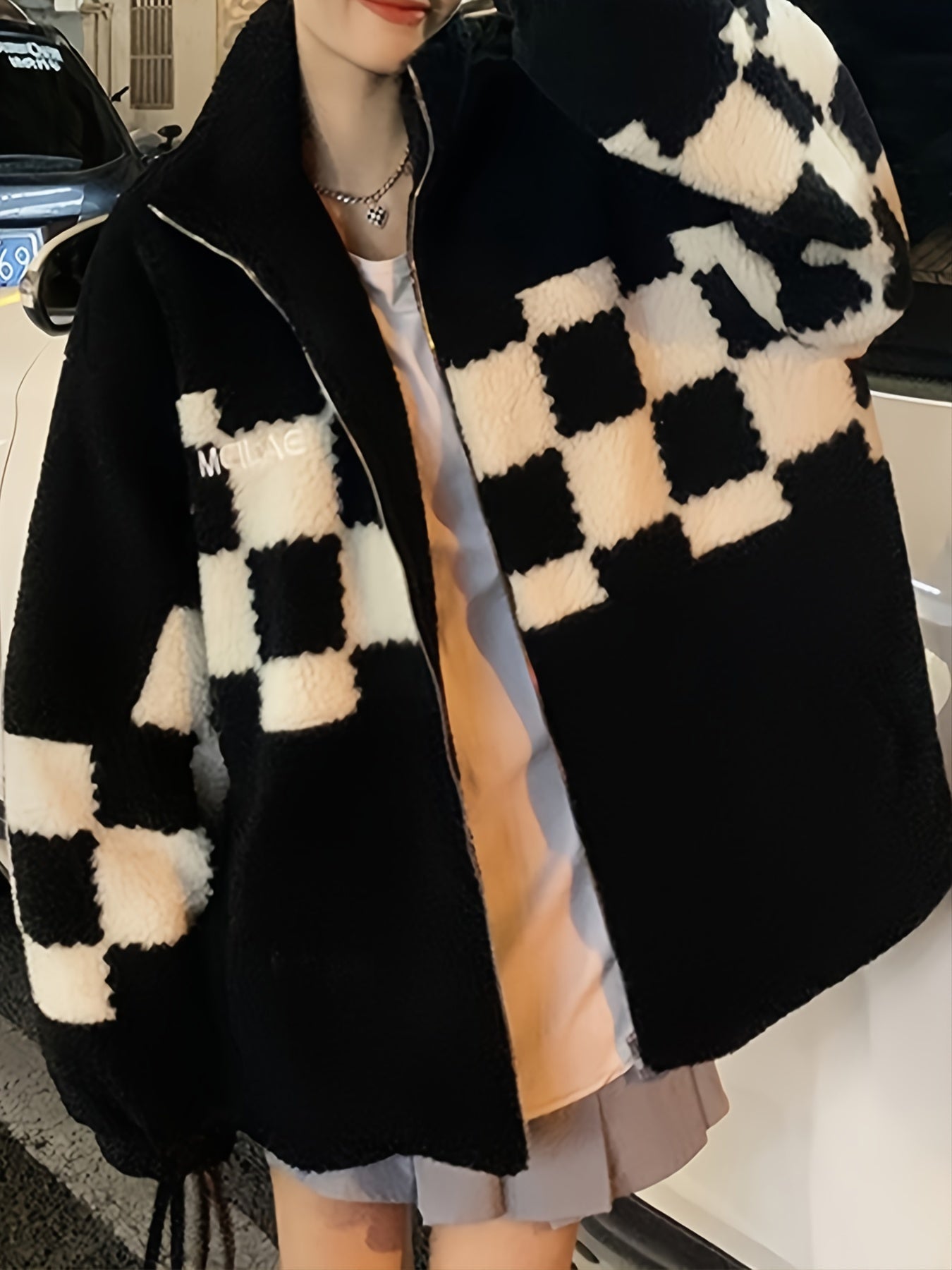 Women's Checkered Print Oversized Plush Coat, Casual Winter Jacket For Outdoors, Women's Clothing