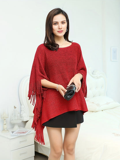 vlovelaw Color Block Boat Neck Cape Sweater, Elegant Tassel Trim Oversized Poncho Sweater, Women's Clothing