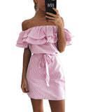 VLOVELAW In Stock European and American Foreign Trade Women's Clothing  Wish Summer Ruffle Sleeve Striped off-Shoulder off-Shoulder Collar Dress