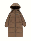 Women's Casual Long Puffer Coat - Mid-Length, Solid Color with Hood, Polyester, Machine Washable