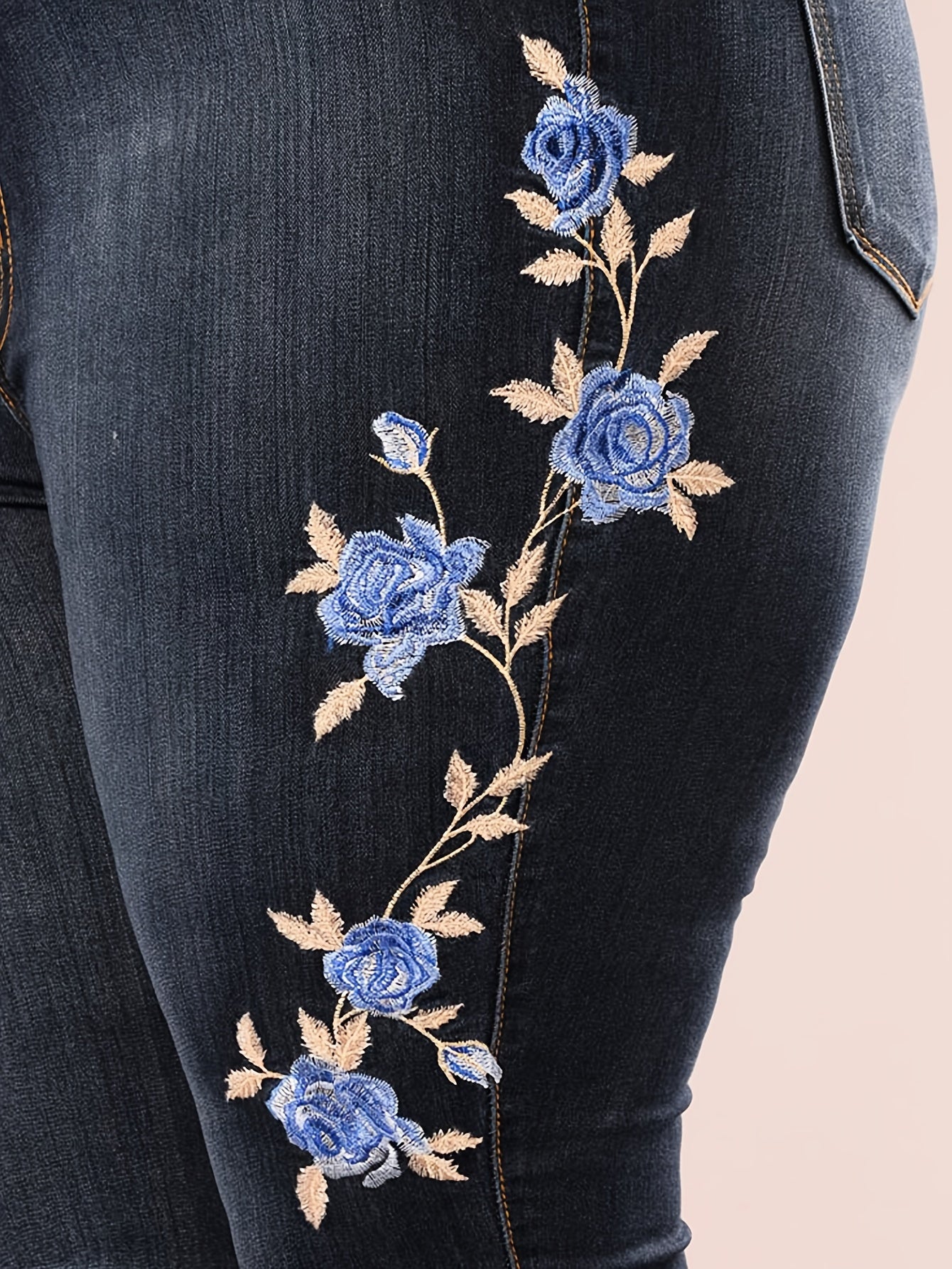 vlovelaw  Blue Floral Embroidery Skinny Jeans, Zipper Button Closure Medium Strech Elegant Denim Pants, Women's Denim Jeans & Clothing