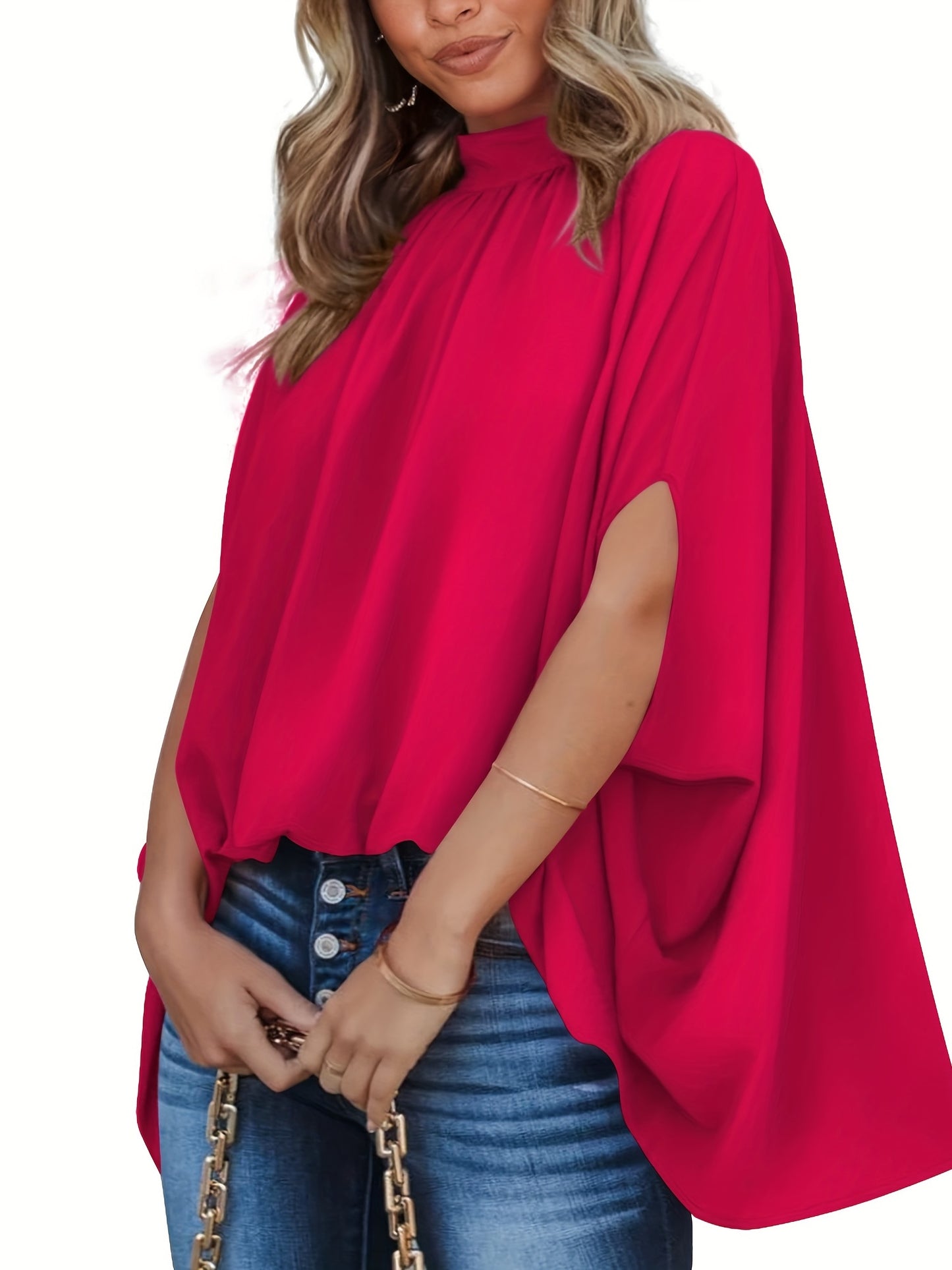 vlovelaw Solid Batwing Sleeve Blouse, Casual Ruched High Collar Loose Blouse, Women's Clothing