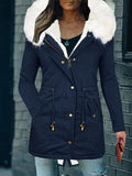 Faux Fur Hood Drawstring Parka Coat, Zip Up Button Front Pocket Thermal Overcoat, Women's Clothing