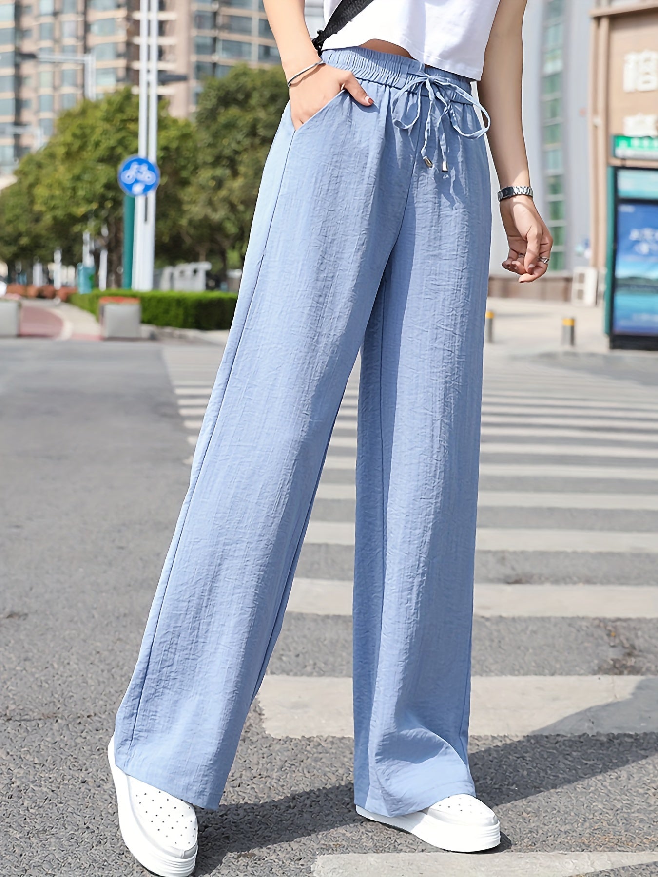 vlovelaw  Minimalist Solid Drawstring Pants, Casual Long Length Elastic Waist Wide Leg Pants, Women's Clothing