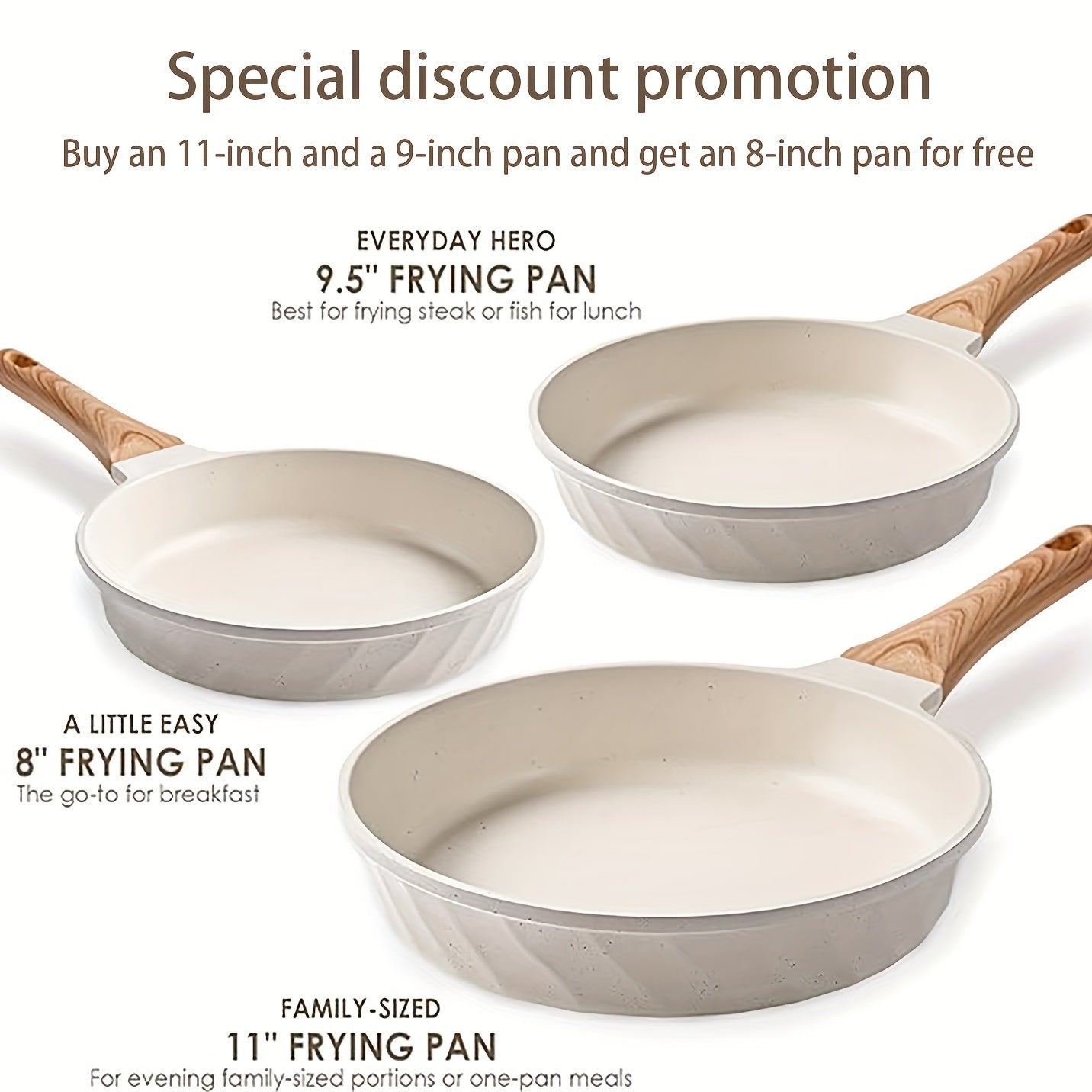 3-Piece Nonstick Frying Pan Set - Premium Natural Smooth Ceramic Coating, PFOA & PFOS Free, Durable, Easy Cleaning, Heat Distribution - Beige/Multicolor Cookware, 8", 9.5" & 11" Sizes