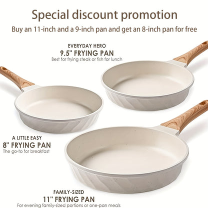 3-Piece Nonstick Frying Pan Set - Premium Natural Smooth Ceramic Coating, PFOA & PFOS Free, Durable, Easy Cleaning, Heat Distribution - Beige/Multicolor Cookware, 8", 9.5" & 11" Sizes