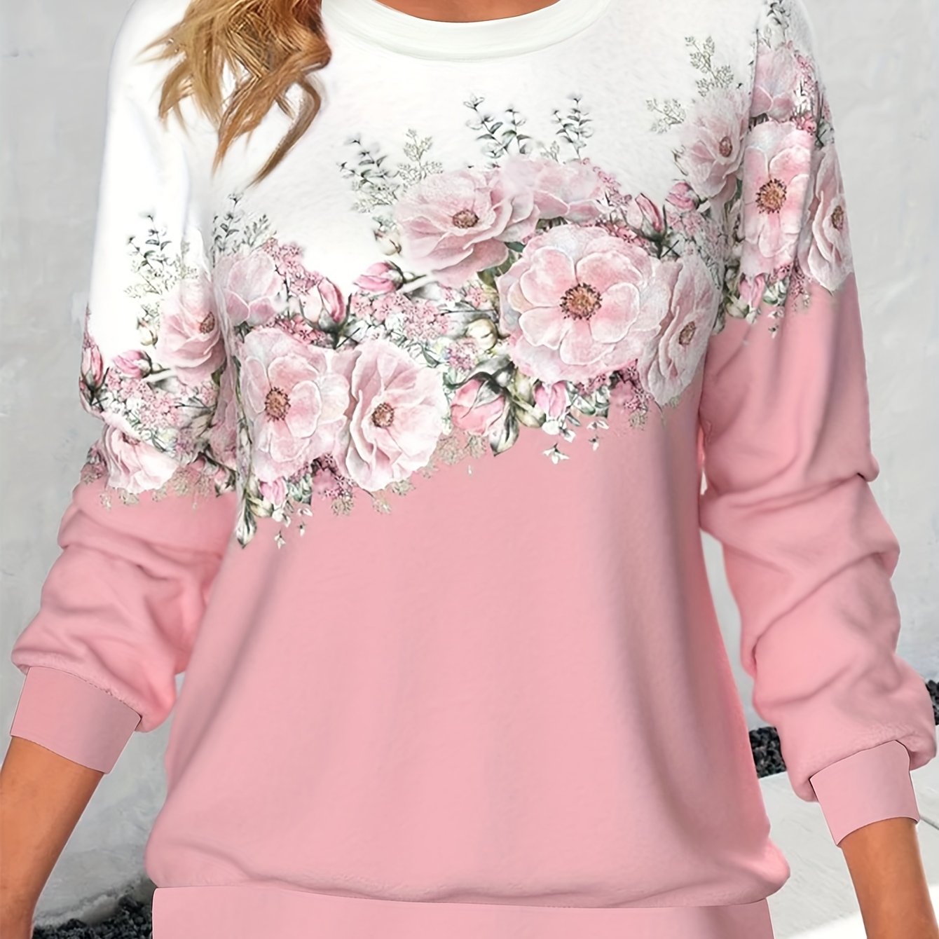 vlovelaw  Crew Neck Flowers Print Sweatshirt, Casual Sports Running Long Sleeve Tops, Women's Clothing